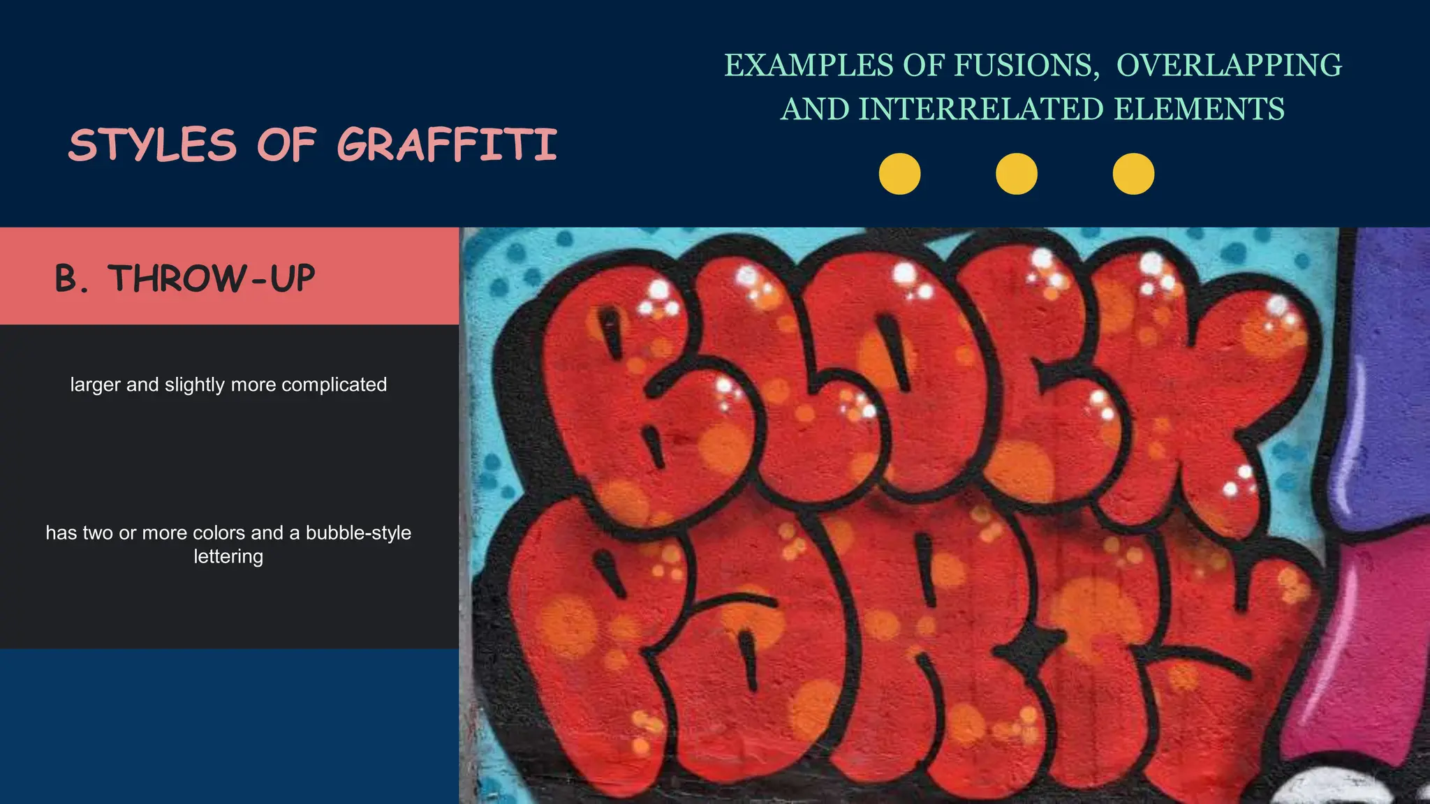 EXAMPLES OF FUSIONS, OVERLAPPING
AND INTERRELATED ELEMENTS
STYLES OF GRAFFITI
. . .
has two or more colors and a bubble-style
lettering
larger and slightly more complicated
B. THROW-UP
 