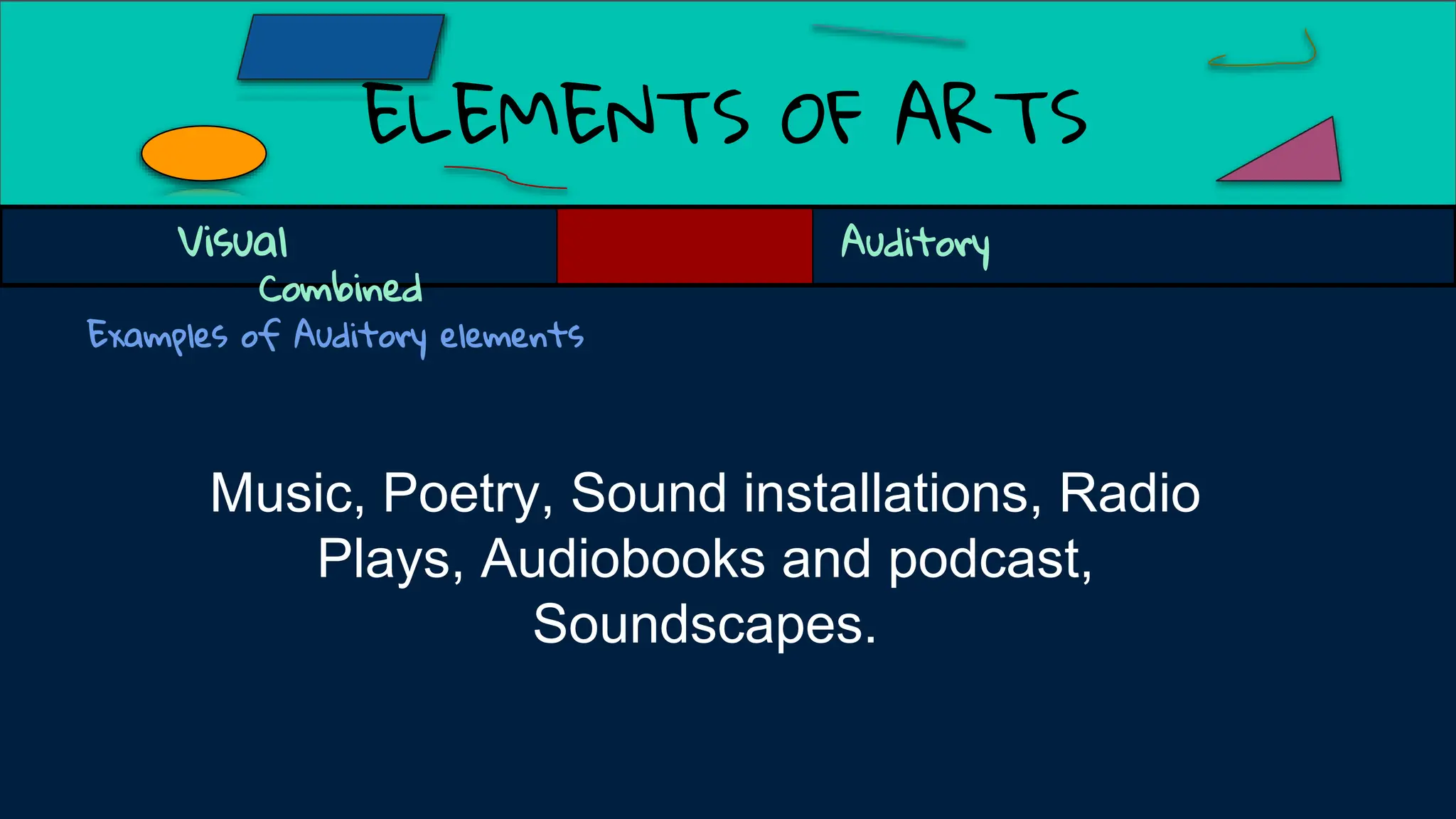 ELEMENTS OF ARTS
Examples of Auditory elements
Music, Poetry, Sound installations, Radio
Plays, Audiobooks and podcast,
Soundscapes.
Visual Auditory
Combined
 