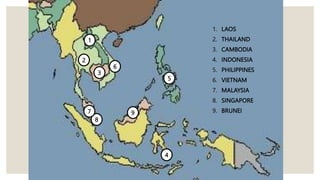 1. LAOS
2. THAILAND
3. CAMBODIA
4. INDONESIA
5. PHILIPPINES
6. VIETNAM
7. MALAYSIA
8. SINGAPORE
9. BRUNEI
3
4
8
7
6
2
1
5
9
 