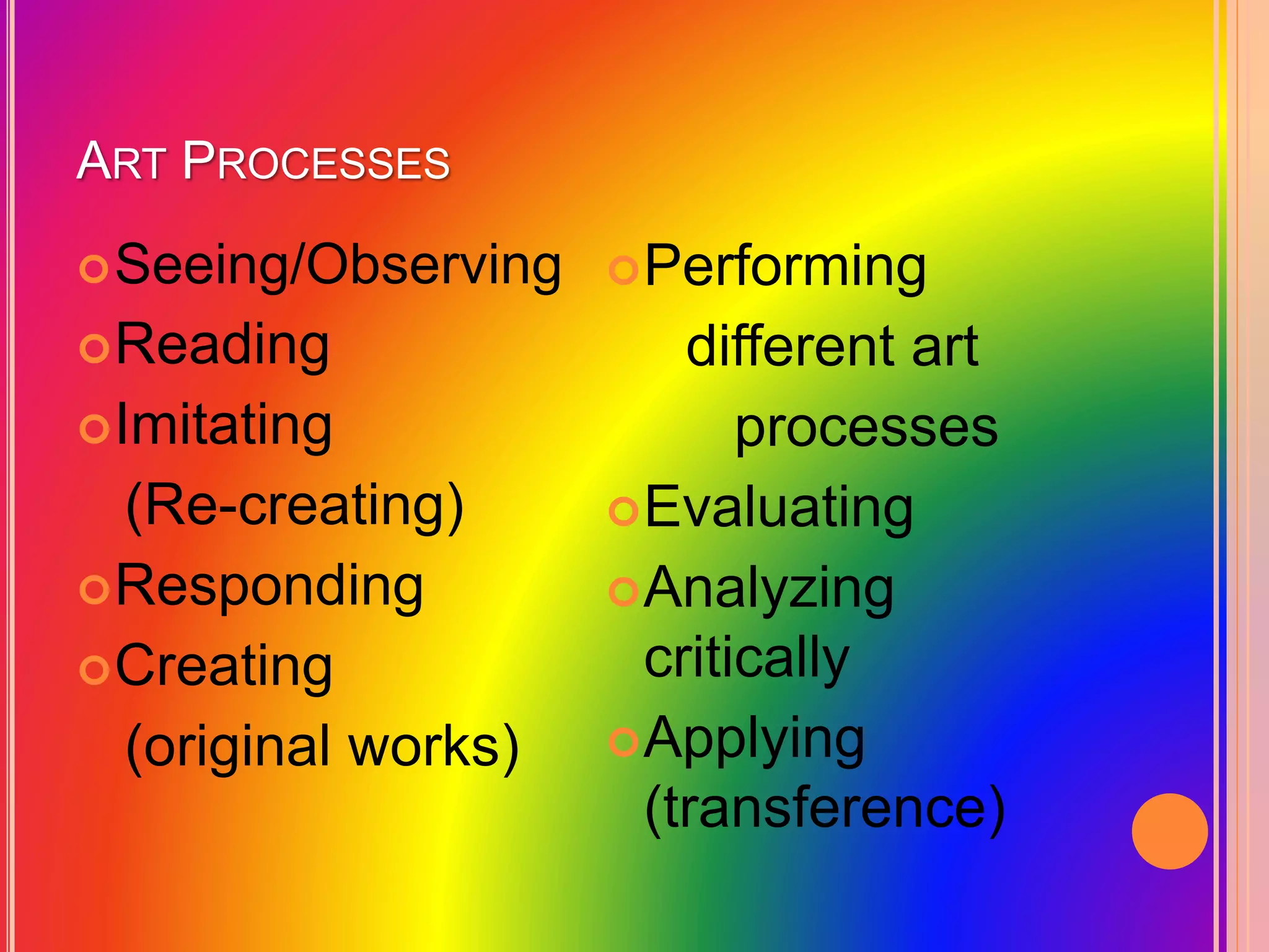 ART PROCESSES
Seeing/Observing
Reading
Imitating
(Re-creating)
Responding
Creating
(original works)
Performing
different art
processes
Evaluating
Analyzing
critically
Applying
(transference)
 