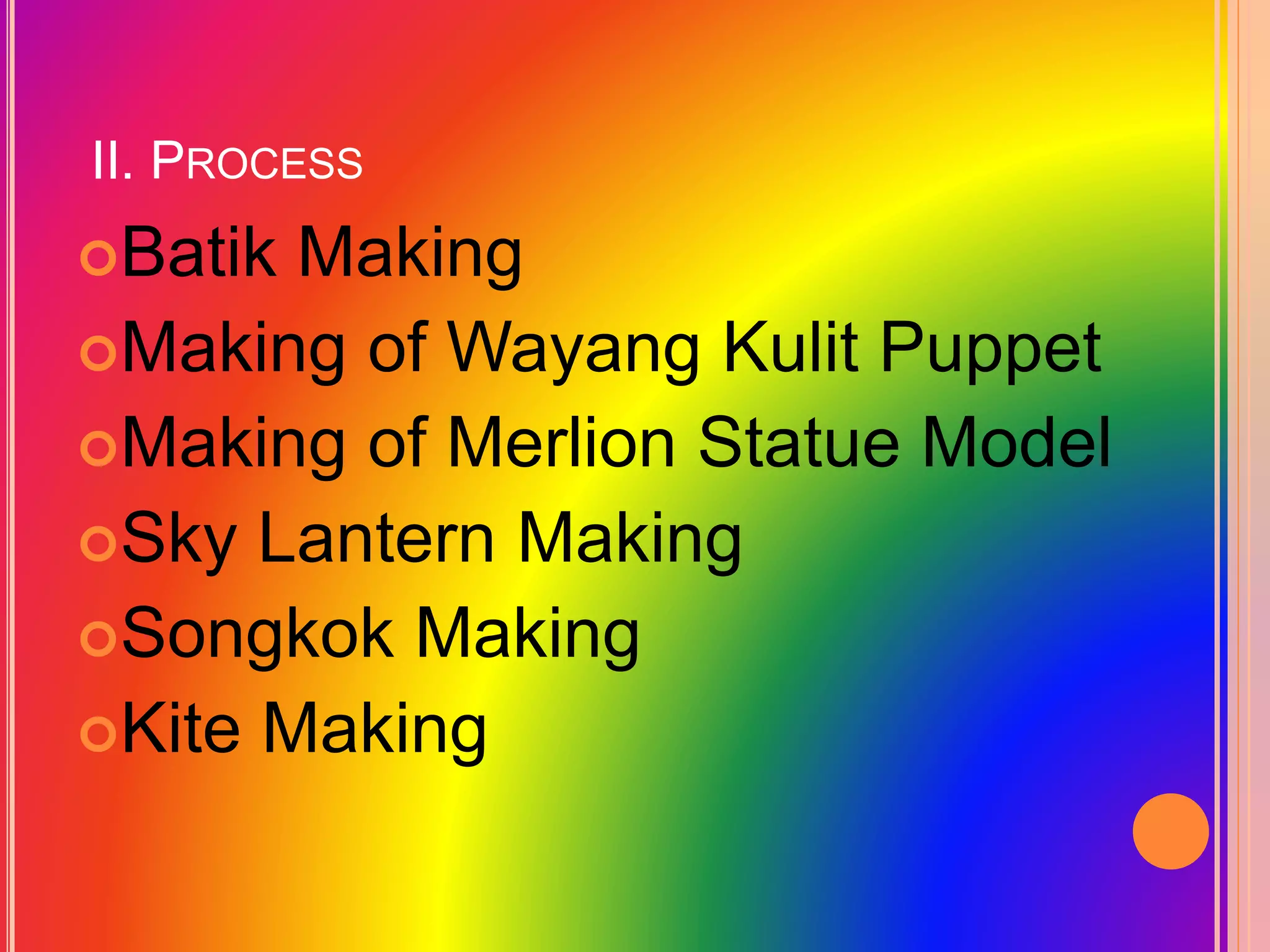 II. PROCESS
Batik Making
Making of Wayang Kulit Puppet
Making of Merlion Statue Model
Sky Lantern Making
Songkok Making
Kite Making
 