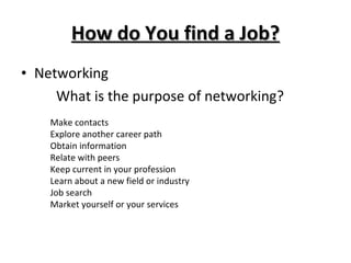 How do You find a Job? Networking What is the purpose of networking? Make contacts Explore another career path Obtain information Relate with peers Keep current in your profession Learn about a new field or industry Job search Market yourself or your services 