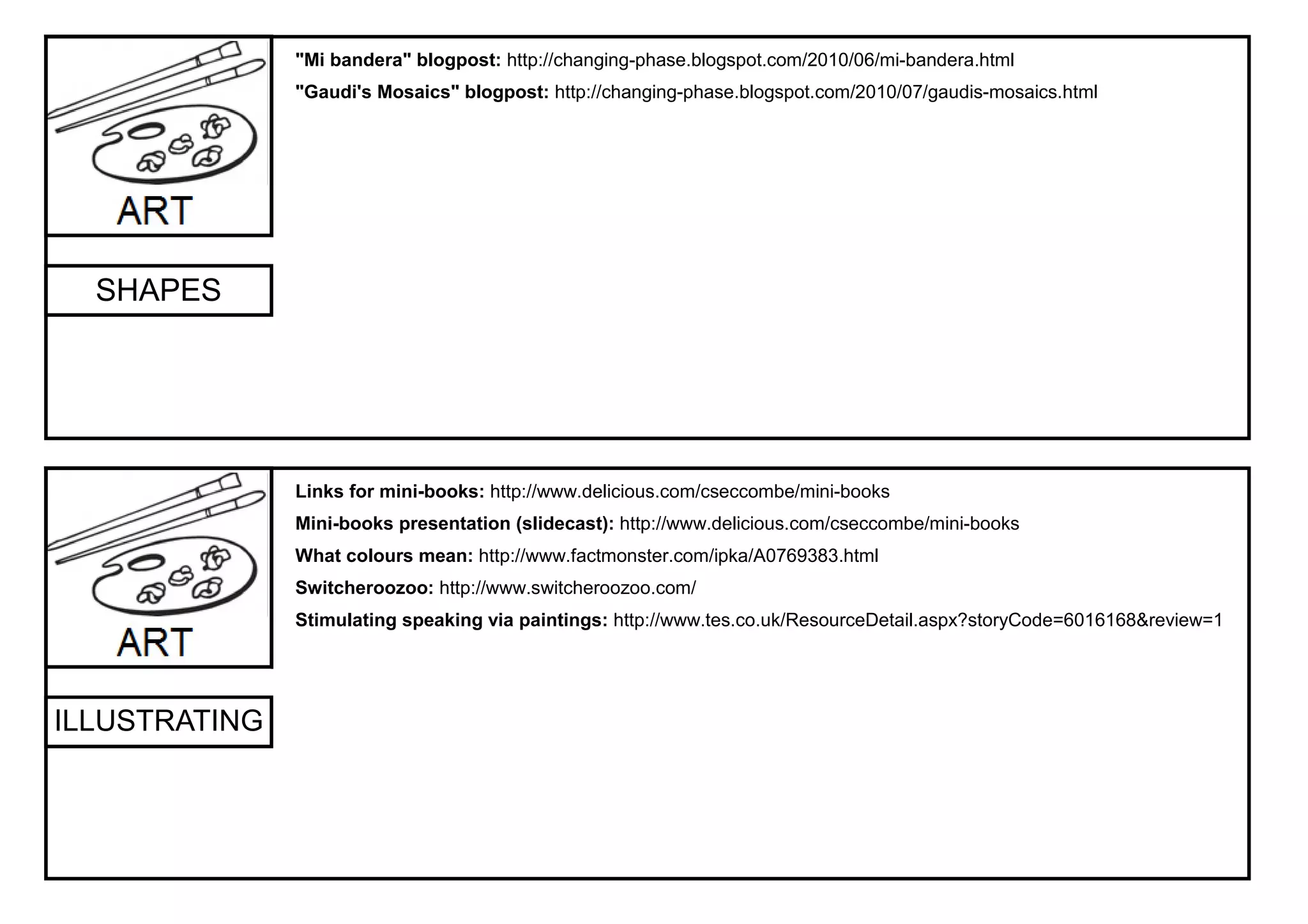 "Mi bandera" blogpost: http://changing-phase.blogspot.com/2010/06/mi-bandera.html
               "Gaudi's Mosaics" blogpost: http://changing-phase.blogspot.com/2010/07/gaudis-mosaics.html




  SHAPES




               Links for mini-books: http://www.delicious.com/cseccombe/mini-books
               Mini-books presentation (slidecast): http://www.delicious.com/cseccombe/mini-books
               What colours mean: http://www.factmonster.com/ipka/A0769383.html
               Switcheroozoo: http://www.switcheroozoo.com/
               Stimulating speaking via paintings: http://www.tes.co.uk/ResourceDetail.aspx?storyCode=6016168&review=1




ILLUSTRATING
 