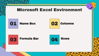 Microsoft Excel Environment
Name Box
01 Columns
02
Formula Bar
03 Rows
04
 