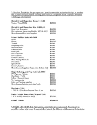 5. Itemized Budget (in the space provided, provide as detailed an itemized budget as possible
that explains how you plan on utilizing grant funds; if you prefer, attach a separate document
with budget information)
 
Electricity and Magnetism Books: $150.00 
Various Titles (TBD):                                  $150.00 
 
Electricity and Magnetism Kits: $1,100.00 
Hand Held Generator:                                   $100.00 
Electricity and Magnetism Module: WX742‐5022           $800.00 
Miscellaneous Electronic Supplies:                     $200.00 
 
Puppet Building Materials: $600 
Foam:                                                  $35.00 
Fleece:                                                $100.00 
Thread:                                                $15.00 
Ping‐Pong Balls:                                       $15.00 
Feathers/Boas:                                         $25.00 
Fake Fur/hair                                          $50.00 
Craft Eyes:                                            $20.00 
Hot Glue Sticks:                                       $25.00 
Hot Glue Gun:                                          $10.00 
Contact Cement:                                        $25.00 
Mold Making Materials:                                 $75.00 
Doll Joints:                                           $15.00 
Spray Paint:                                           $15.00 
Scissors/Razors:                                       $25.00 
Miscellaneous Supplies: (Tape, pins, clothes, etc.)    $150.00 
 
Stage, Backdrop, and Prop Materials: $550 
PVC Pipe and Fittings:                                 $50.00 
Blue Foam (4'x8')                                      $50.00 
Fabric ‐ Blue and Green                                $50.00 
Toy Instruments:                                       $100.00 
Paint and Painting supplies                            $100.00 
Miscellaneous building materials/tools                 $200.00 
 
Hardware: $100 
1 TB USB 2.0 Desktop External Hard Drive               $100.00 
 
Project Leader Honorarium/Stipend: $500 
2 @ $250.00 (Lopina/Ducamp)                            $500.00 
                                                        
GRAND TOTAL:                                           $3,000.00 


6. Project Description. In 2-3 paragraphs, describe the proposed project. As concisely as
possible, explain what you will accomplish, what role the different collaborators will play in the
 