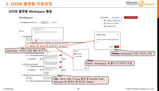 Confidential ⓒ2023 Shinwon Datanet Co., Ltd.
2. JSTOR 플랫폼 이용방법
12
JSTOR 플랫폼 Workspace 활용
Add Note : 이미지 관련 메모 추가
Cite : MLA, APA, Chicag 형태 및 Noodle Tools,
Refworks 등 원하는 형식으로 Citation
Move : Workspace 내 폴더 간 이미지 이동
Delete :Workspace 저장 이미지 삭제
 