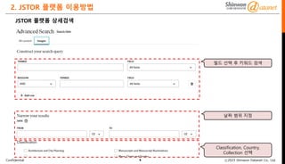 Confidential ⓒ2023 Shinwon Datanet Co., Ltd.
2. JSTOR 플랫폼 이용방법
6
JSTOR 플랫폼 상세검색
필드 선택 후 키워드 검색
날짜 범위 지정
Classification, Country,
Collection 선택
 