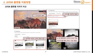 Confidential ⓒ2023 Shinwon Datanet Co., Ltd.
2. JSTOR 플랫폼 이용방법
9
1. Compare 클릭
2. 비교할 이미지 검색
3. 비교할 이미지 선택 (최대 3장) 4. 한 화면에서 이미지 비교 가능
(이미지별 확대, 축소 기능 제공)
JSTOR 플랫폼 이미지 비교
 