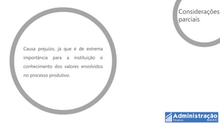 Considerações
                                           parciais



Causa prejuízo, já que é de extrema
importância   para   a   instituição   o
conhecimento dos valores envolvidos
no processo produtivo.
 