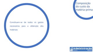 Composição
                                          do custo da
                                          matéria-prima



Constituem-se de todos os gastos
necessários   para   a   obtenção   dos
materiais
 