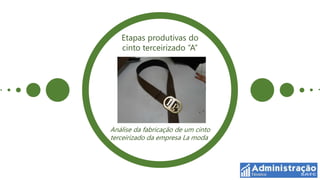 Etapas produtivas do
   cinto terceirizado “A”




Análise da fabricação de um cinto
terceirizado da empresa La moda
 