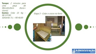 Tempo: 2 minutos para
uma         peça         de
90cmX120cm          (forro+
couro);
Gastos: Cola: 15 Kg -         Etapa 3 - Colar o couro no forro
R$ 137,00
Solvente: 5 L – R$ 40,00
 