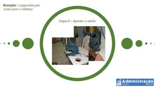 Duração: 3 segundos por
cinto (com 2 rebites)


                          Etapa 8 – Apertar o rebite
 