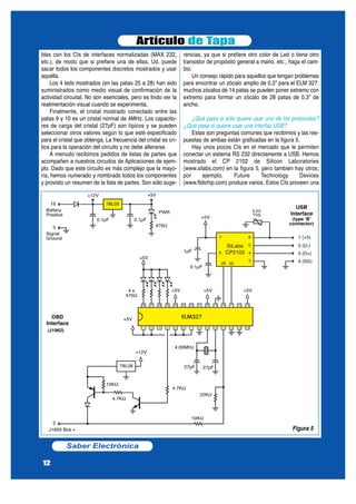 bles con los CIs de interfaces normalizadas (MAX 232,
etc.), de modo que si prefiere una de ellas, Ud. puede
sacar todos los componentes discretos mostrados y usar
aquélla.
Los 4 leds mostrados (en las patas 25 a 28) han sido
suministrados como medio visual de confirmación de la
actividad circuital. No son esenciales, pero es lindo ver la
realimentación visual cuando se experimenta.
Finalmente, el cristal mostrado conectado entre las
patas 9 y 10 es un cristal normal de 4MHz. Los capacito-
res de carga del cristal (27pF) son típicos y se pueden
seleccionar otros valores según lo que esté especificado
para el cristal que obtenga. La frecuencia del cristal es crí-
tica para la operación del circuito y no debe alterarse.
A menudo recibimos pedidos de listas de partes que
acompañen a nuestros circuitos de Aplicaciones de ejem-
plo. Dado que este circuito es más complejo que la mayo-
ría, hemos numerado y nombrado todos los componentes
y provisto un resumen de la lista de partes. Son sólo suge-
rencias, ya que si prefiere otro color de Led o tiene otro
transistor de propósito general a mano, etc., haga el cam-
bio.
Un consejo rápido para aquellos que tengan problemas
para encontrar un zócalo amplio de 0,3” para el ELM 327:
muchos zócalos de 14 patas se pueden poner extremo con
extremo para formar un zócalo de 28 patas de 0,3” de
ancho.
¿Qué pasa si sólo quiere usar uno de los protocolos?
¿Qué pasa si quiere usar una interfaz USB?
Estas son preguntas comunes que recibimos y las res-
puestas de ambas están graficadas en la figura 5.
Hay unos pocos CIs en el mercado que le permiten
conectar un sistema RS 232 directamente a USB. Hemos
mostrado el CP 2102 de Silicon Laboratories
(www.silabs.com) en la figura 5, pero también hay otros;
por ejemplo, Future Technology Devices
(www.ftdichip.com) produce varios. Estos CIs proveen una
Artículo de Tapa
Saber Electrónica
12
Figura 5
 