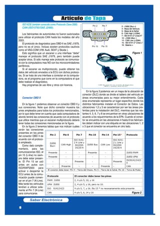 ISO14230 (también conocido como Protocolo Clave 2000).
CAN (ISO15765/SAE J2480).
Los fabricantes de automóviles no fueron autorizados
para utilizar el protocolo CAN hasta los modelos del año
2003.
El protocolo de diagnóstico para OBD-II es SAE J1979,
pero no es el único. Incluso existen protocolos cautivos
como el VAG-COM (VW, Audi, SEAT y Skoda ).
Esto significa que un escaner o una interfase “debe”
manejar el protocolo SAE J1979, pero también puede
aceptar otros. Si sólo maneja este protocolo se comunica-
rá con la computadora mas NO con los microcontroladores
periféricos.
Si el escaner es multiprotocolo, puede obtener los
datos del vehículo enviados a la ECU con dichos protoco-
los. Si se trata de una interfase a conectar en la computa-
dora, es el programa que corre en la computadora el que
debe realizar el diagnóstico.
Hay programas de uso libre y otros con licencia.
Conector OBD II
En la figura 1 podemos observar un conector OBD II y
sus conexiones. Note que dicho conector muestra los
pines empleados para todos los protocolos mencionados,
por lo que debe tener en cuenta que cada computadora de
abordo tendrá las conexiones de acuerdo con el protocolo
que utilice mientras que un escaner multiprotocolo deberá
tener todas las conexiones mencionadas en la figura.
En la figura 2 tenemos tablas que nos indican cuáles
serán las conexiones
presentes en los pines
del conector OBD II de
acuerdo con el protoco-
lo empleado.
Como dato comple-
mentario, para las
comunicaciones ISO, el
pin 15 (L-line) no siem-
pre debe estar presen-
te. El Pin 15 se usó
antes en autos con
ISO/KWP2000 para
activar o despertar la
ECU antes de la comu-
nicación puede comen-
zar en el pin 7 (K-Line).
Más tarde los vehículos
tendían a utilizar sola-
mente el Pin 7 (K-Line)
para comunicarse.
En la figura 3 podemos ver un mapa de la ubicación de
conector (DLC) donde se divide el tablero del vehículo en
áreas enumeradas para su mejor entendimiento. Cada
área enumerada representa un lugar específico donde los
distintos fabricantes instalan el Conector de Datos. Las
ubicaciones 1,2 y 3 se caracterizan por ser las áreas pre-
feridas para la instalación del DLC, mientras que las res-
tantes 4, 5, 6, 7 y 8 se encuentran en otras ubicaciones de
acuerdo a los requerimientos de la EPA. Cuando el conec-
tor se encuentra en las ubicaciones 4 hasta 8 los fabrican-
tes deben indicar con una etiqueta en las ubicaciones 1, 2
o 3 que el conector se encuentra en otro lado.
Artículo de Tapa
Saber Electrónica
6
Figura 1
Figura 2
 
