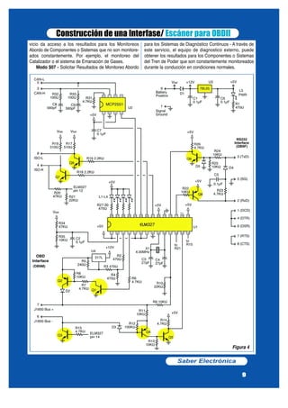 vicio da acceso a los resultados para los Monitoreos
Abordo de Componentes o Sistemas que no son monitore-
ados constantemente. Por ejemplo, el monitoreo del
Catalizador o el sistema de Emanación de Gases.
Modo $07 - Solicitar Resultados de Monitoreo Abordo
para los Sistemas de Diagnóstico Continuos - A través de
este servicio, el equipo de diagnostico externo, puede
obtener los resultados para los Componentes o Sistemas
del Tren de Poder que son constantemente monitoreados
durante la conducción en condiciones normales.
Construcción de una Interfase/ Escáner para OBDII
Saber Electrónica
9
Figura 4
 
