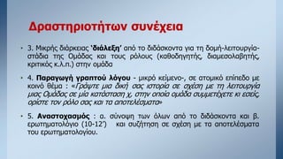 Δραστηριοτήτων συνέχεια
• 3. Μικρής διάρκειας ‘διάλεξη’ από το διδάσκοντα για τη δομή-λειτουργία-
στάδια της Ομάδας και τους ρόλους (καθοδηγητής, διαμεσολαβητής,
κριτικός κ.λ.π.) στην ομάδα
• 4. Παραγωγή γραπτού λόγου - μικρό κείμενο-, σε ατομικό επίπεδο με
κοινό θέμα : «Γράψτε μια δική σας ιστορία σε σχέση με τη λειτουργία
μιας Ομάδας σε μία κατάσταση χ, στην οποία ομάδα συμμετέχετε κι εσείς,
ορίστε τον ρόλο σας και τα αποτελέσματα»
• 5. Αναστοχασμός : α. σύνοψη των όλων από το διδάσκοντα και β.
ερωτηματολόγιο (10-12’) και συζήτηση σε σχέση με τα αποτελέσματα
του ερωτηματολογίου.
 