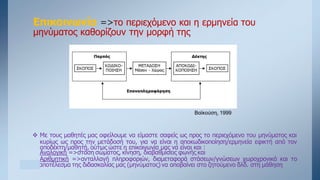 Επικοινωνία =>το περιεχόμενο και η ερμηνεία του
μηνύματος καθορίζουν την μορφή της
Βαϊκούση, 1999
 Με τους μαθητές μας οφείλουμε να είμαστε σαφείς ως προς το περιεχόμενο του μηνύματος και
κυρίως ως προς την μετάδοσή του, για να είναι η αποκωδικοποίηση/ερμηνεία εφικτή από τον
αποδέκτη/μαθητή, ούτως ώστε η επικοινωνία μας να είναι και :
Αναλογική =>στάση σώματος, κίνηση, διαβαθμίσεις φωνής και
Αριθμητική =>ανταλλαγή πληροφοριών, διαμεταφορά στάσεων/γνώσεων χωροχρονικά και το
απαποτέλεσμα της διδασκαλίας μας (μηνύματος) να αποβαίνει στο ζητούμενο δλδ. στη μάθηση
 