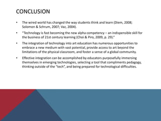 Technology integration is also the opportunity to mirror current art techniques while facilitating the development of marketable technology skills for students to be even more competitive in the 21st century workforce (Devaney, 2008; Gregory, 2001).TECHNOLOGY AS FOE:“Technology imprisons the very act of free expression (Sabieh, 2002, p. 3).”