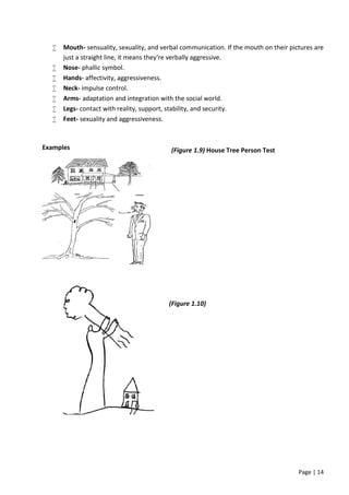 Page | 14
 Mouth- sensuality, sexuality, and verbal communication. If the mouth on their pictures are
just a straight line, it means they're verbally aggressive.
 Nose- phallic symbol.
 Hands- affectivity, aggressiveness.
 Neck- impulse control.
 Arms- adaptation and integration with the social world.
 Legs- contact with reality, support, stability, and security.
 Feet- sexuality and aggressiveness.
Examples (Figure 1.9) House Tree Person Test
(Figure 1.10)
 