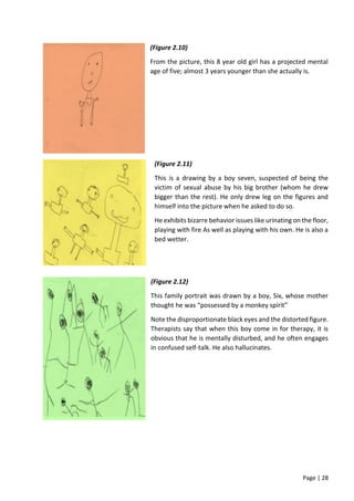 Page | 28
(Figure 2.10)
From the picture, this 8 year old girl has a projected mental
age of five; almost 3 years younger than she actually is.
(Figure 2.11)
This is a drawing by a boy seven, suspected of being the
victim of sexual abuse by his big brother (whom he drew
bigger than the rest). He only drew leg on the figures and
himself into the picture when he asked to do so.
He exhibits bizarre behavior issues like urinating on the floor,
playing with fire As well as playing with his own. He is also a
bed wetter.
(Figure 2.12)
This family portrait was drawn by a boy, Six, whose mother
thought he was “possessed by a monkey spirit”
Note the disproportionate black eyes and the distorted figure.
Therapists say that when this boy come in for therapy, it is
obvious that he is mentally disturbed, and he often engages
in confused self-talk. He also hallucinates.
 