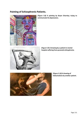 Page | 61
Painting of Schizophrenic Patients.
(Figure 5.8) A painting by Bryan Charnley; trying to
communicate his depressions.
(Figure 5.9) A drawing by a patient in mental
hospital suffering from paranoid schizophrenia.
(Figure 5.10) A drawing of
hallucinations by another patient.
 