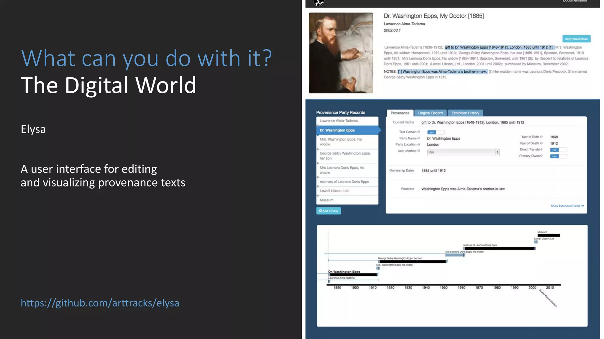 Elysa
A user interface for editing
and visualizing provenance texts
https://github.com/arttracks/elysa
What can you do with it?
The Digital World
 