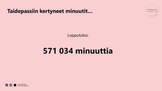 Taidepassiin kertyneet minuutit…
Lopputulos:
571 034 minuuttia
 