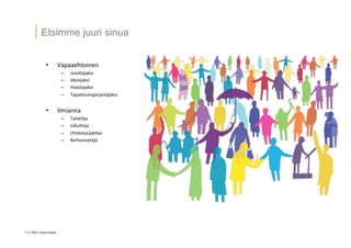 11 © 2014 Artturintupa
Etsimme juuri sinua
•  Vapaaehtoinen	
  
–  Jutu4ajaksi	
  
–  Ideoijaksi	
  
–  Haastajaksi	
  
–  Tapahtumajärjestäjäksi	
  
	
  
•  Ilmianna	
  
–  Taiteilija	
  
–  Liiku4aja	
  
–  (Yhdistys)ak'ivi	
  
–  Kerhonvetäjä	
  
	
  
	
  
 