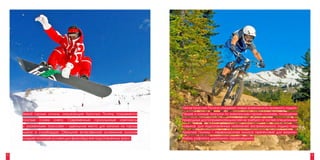 Летом Красная Поляна открывает новые возможности активного отдыха.
    Зимой горные склоны, окружающие Красную Поляну, покрываются         Пешие и конные прогулки по живописным горным склонам, посещение
    толстым   слоем   снега.   Современные   горнолыжные    комплексы   природных достопримечательностей не требуют от гостей специальных
    с ухоженными трассами – идеальное место для катания на горных       навыков. Для подготовленных любителей экстремального отдыха горы
    лыжах и сноубордах. Обильное естественное оснежение склонов         Красной Поляны – первоклассная полоса препятствий для маунтин-
    создает отличные условия для фрирайда вне подготовленных трасс.     байка, рафтинга, джиппинга, параглайдинга.




8                                                                                                                                            9
 