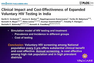 • Simulation model of HIV testing and treatmentSimulation model of HIV testing and treatment
- Prevalence and Incidence in different groupsPrevalence and Incidence in different groups
- Cost of testingCost of testing
Conclusion:Conclusion: Voluntary HIV screening among NationalVoluntary HIV screening among National
populationpopulation every 5 yrsevery 5 yrs offers substantial clinical benefitoffers substantial clinical benefit
and cost effective.and cost effective. Annual screeningAnnual screening is cost effectiveis cost effective
among high risk population and in high prevalentamong high risk population and in high prevalent
districtsdistricts
 