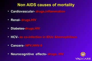 Non AIDS causes of mortality
• Cardiovascular-Cardiovascular- drugs,inflammationdrugs,inflammation
• Renal-Renal- drugs,HIVdrugs,HIV
• Diabetes-Diabetes-drugs,HIVdrugs,HIV
• HCV-HCV- as co-infection in IDUs &hemophiliacsas co-infection in IDUs &hemophiliacs
• Cancers-Cancers- HPV,HHV-8HPV,HHV-8
• Neurocognitive effects-Neurocognitive effects- drugs, HIVdrugs, HIV
 