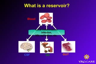 What is a reservoir?
Blood
CSF GS GUT
Local Inflammation,
infection,
HIV replication, etc.
Local Inflammation,
infection,
HIV replication, etc.
 