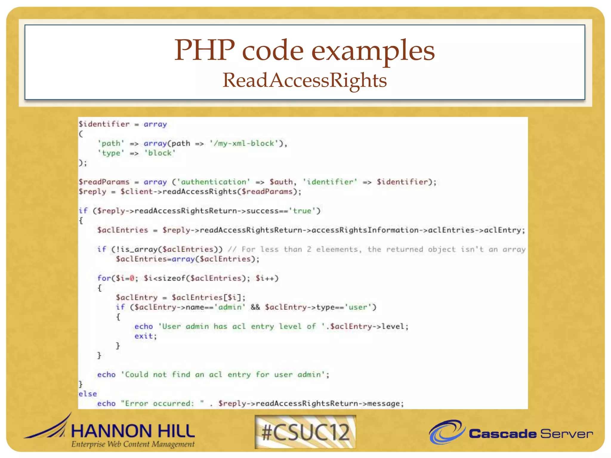 PHP code examples
   ReadAccessRights
 