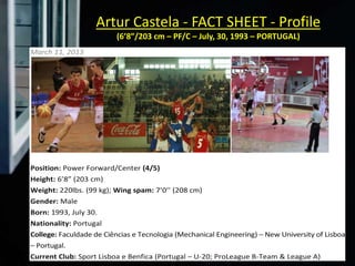 Artur Castela - FACT SHEET - Profile
(6’8”/203 cm – PF/C – July, 30, 1993 – PORTUGAL)
March 11, 2013
Position: Power Forward/Center (4/5)
Height: 6’8” (203 cm)
Weight: 220lbs. (99 kg); Wing spam: 7’0’’ (208 cm)
Gender: Male
Born: 1993, July 30.
Nationality: Portugal
College: Faculdade de Ciências e Tecnologia (Mechanical Engineering) – New University of Lisboa
– Portugal.
Current Club: Sport Lisboa e Benfica (Portugal – U-20; ProLeague B-Team & League A)
 