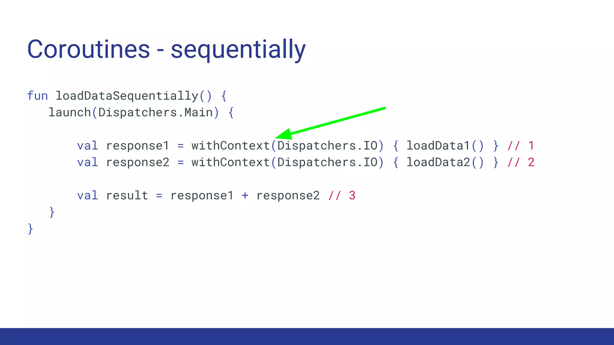 Coroutines - sequentially
fun loadDataSequentially() {
launch(Dispatchers.Main) {
val response1 = withContext(Dispatchers.IO) { loadData1() } // 1
val response2 = withContext(Dispatchers.IO) { loadData2() } // 2
val result = response1 + response2 // 3
}
}
 