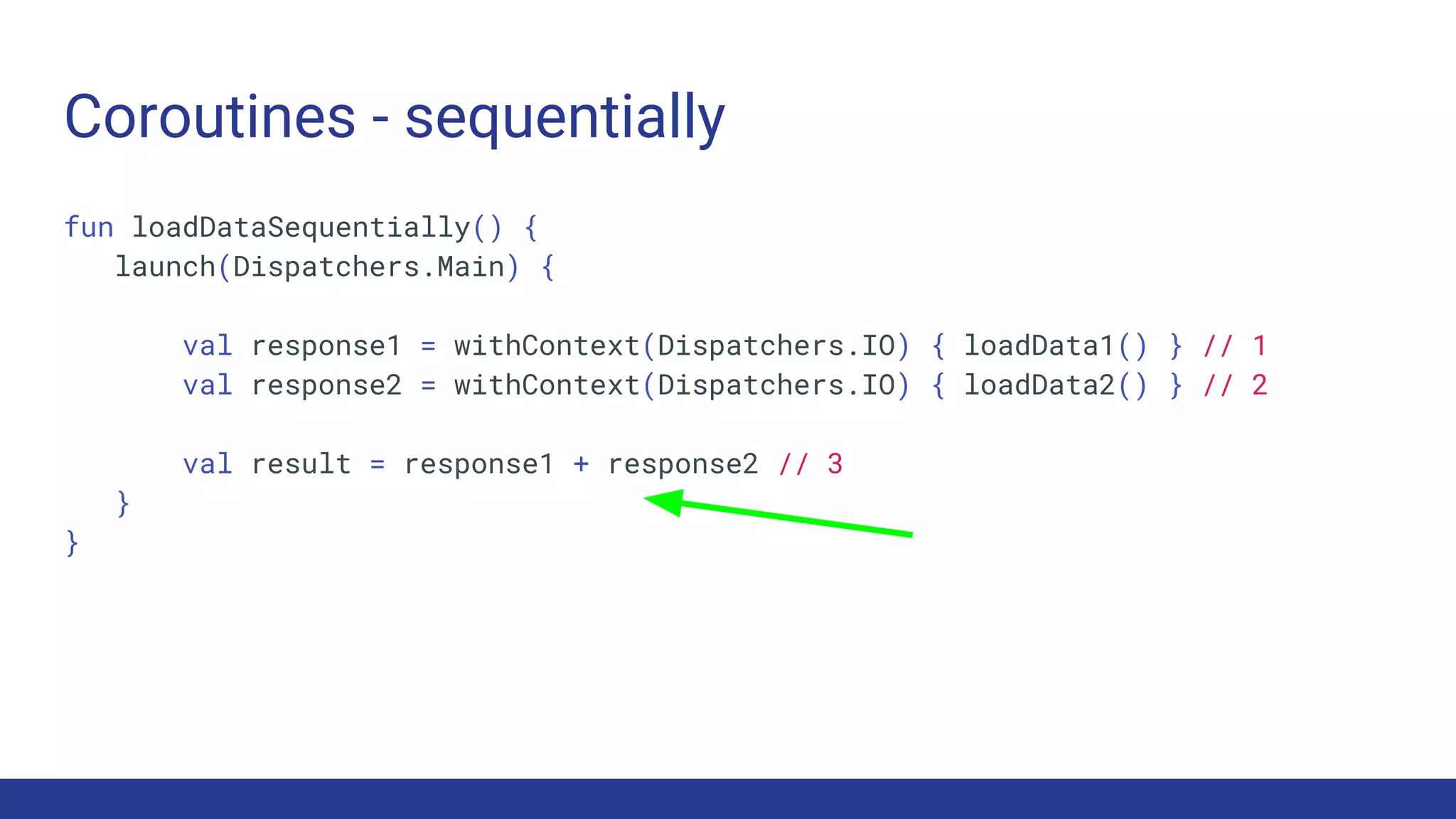 Coroutines - sequentially
fun loadDataSequentially() {
launch(Dispatchers.Main) {
val response1 = withContext(Dispatchers.IO) { loadData1() } // 1
val response2 = withContext(Dispatchers.IO) { loadData2() } // 2
val result = response1 + response2 // 3
}
}
 