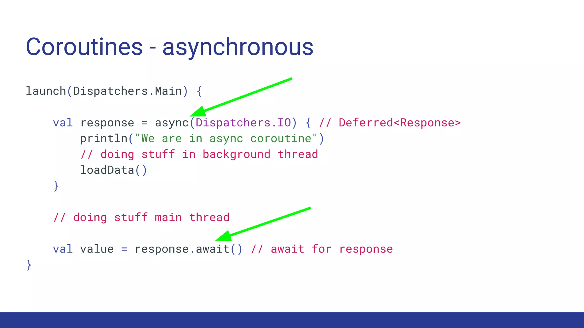 Coroutines - asynchronous
launch(Dispatchers.Main) {
val response = async(Dispatchers.IO) { // Deferred<Response>
println("We are in async coroutine")
// doing stuff in background thread
loadData()
}
// doing stuff main thread
val value = response.await() // await for response
}
 