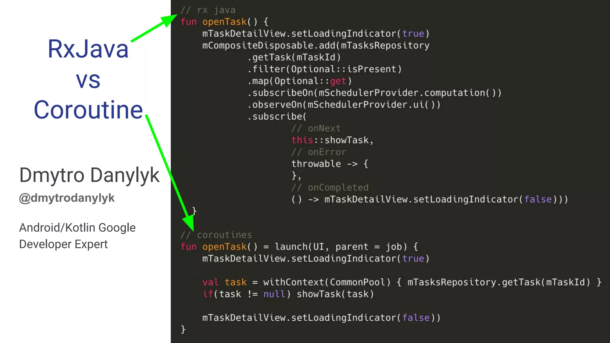 RxJava
vs
Coroutine
Dmytro Danylyk
@dmytrodanylyk
Android/Kotlin Google
Developer Expert
 