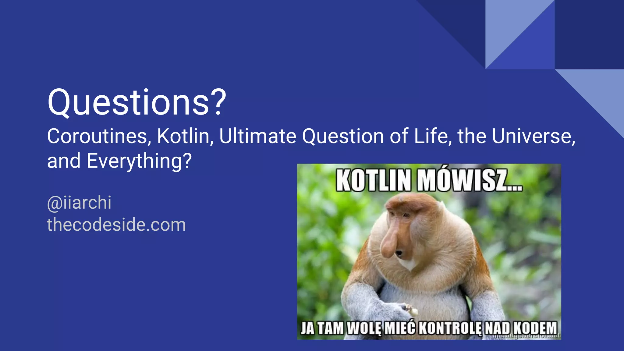 Questions?
Coroutines, Kotlin, Ultimate Question of Life, the Universe,
and Everything?
@iiarchi
thecodeside.com
 