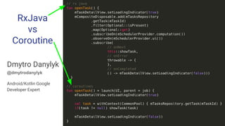 RxJava
vs
Coroutine
Dmytro Danylyk
@dmytrodanylyk
Android/Kotlin Google
Developer Expert
 