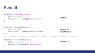 Retrofit
interface RemoteDataSource{
@GET("api/news")
fun getNews() : Single<NewsResponse>
}
------------------------------------------------------------------
interface RemoteDataSource {
@GET("api/news")
fun getNews(): Deferred<NewsResponse>
}
------------------------------------------------------------------
interface RemoteDataSource {
@GET("api/news")
suspend fun getNews(): NewsResponse
}
RxJava
Adapter by
JakeWharton
Retrofit 2.5.1
 