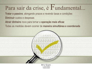 Tratar o passivo, alongando prazos e revendo taxas e condições
Diminuir custos e despesas
Atrair dinheiro novo para tornar a operação mais eficaz
Todas as medidas devem ocorrer de maneira simultânea e coordenada
Para sair da crise, é Fundamental...
 