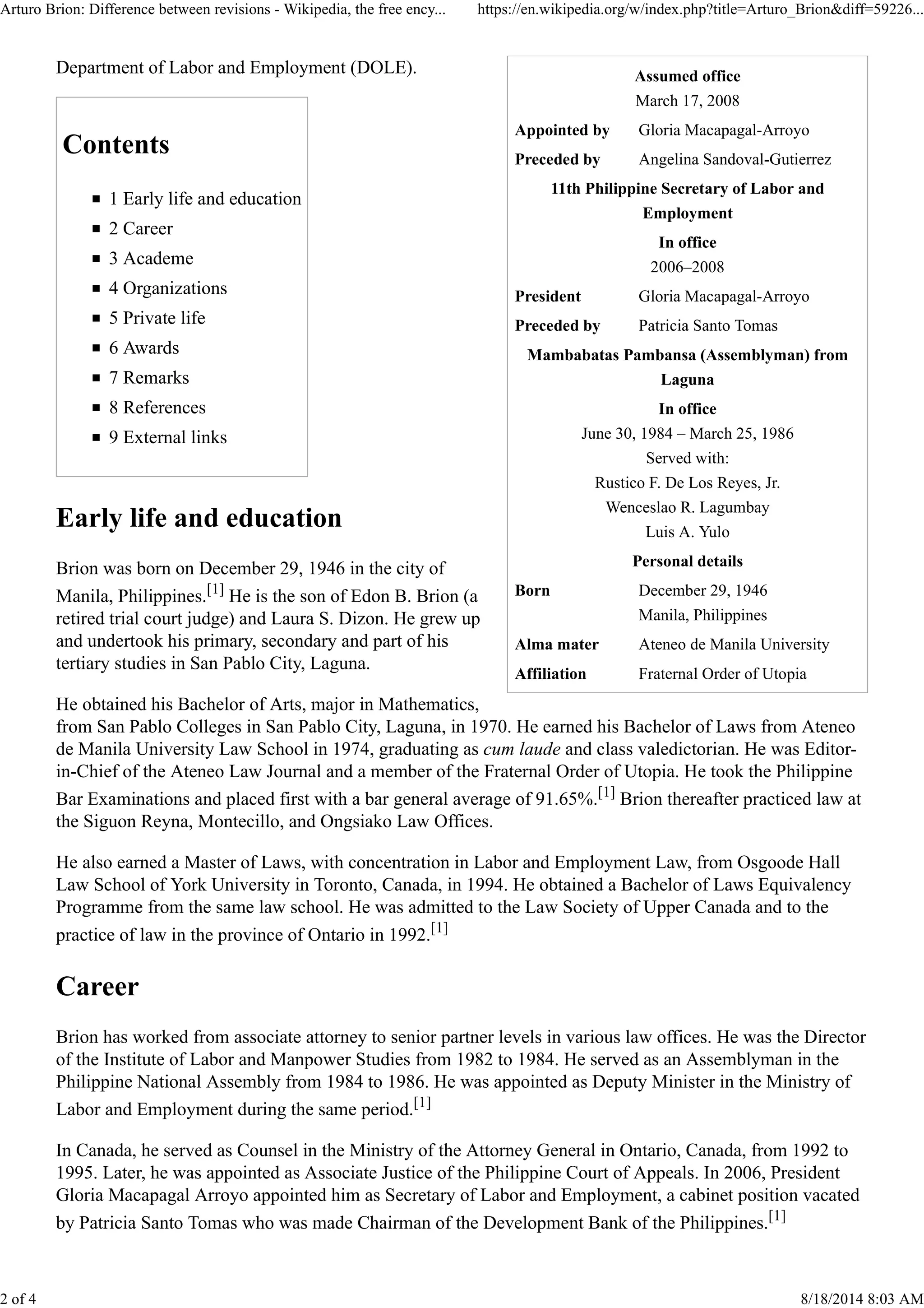 Arturo brion difference between revisions wikipedia, the free