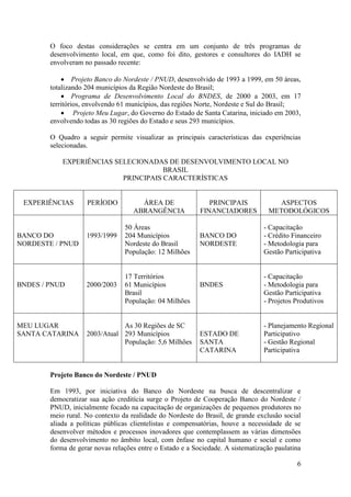 O foco destas considerações se centra em um conjunto de três programas de
        desenvolvimento local, em que, como foi dito, gestores e consultores do IADH se
        envolveram no passado recente:

             Projeto Banco do Nordeste / PNUD, desenvolvido de 1993 a 1999, em 50 áreas,
        totalizando 204 municípios da Região Nordeste do Brasil;
             Programa de Desenvolvimento Local do BNDES, de 2000 a 2003, em 17
        territórios, envolvendo 61 municípios, das regiões Norte, Nordeste e Sul do Brasil;
             Projeto Meu Lugar, do Governo do Estado de Santa Catarina, iniciado em 2003,
        envolvendo todas as 30 regiões do Estado e seus 293 municípios.

        O Quadro a seguir permite visualizar as principais características das experiências
        selecionadas.

            EXPERIÊNCIAS SELECIONADAS DE DESENVOLVIMENTO LOCAL NO
                                      BRASIL
                           PRINCIPAIS CARACTERÍSTICAS


 EXPERIÊNCIAS       PERÍODO           ÁREA DE                 PRINCIPAIS            ASPECTOS
                                    ABRANGÊNCIA            FINANCIADORES          METODOLÓGICOS

                                 50 Áreas                                        - Capacitação
BANCO DO            1993/1999    204 Municípios            BANCO DO              - Crédito Financeiro
NORDESTE / PNUD                  Nordeste do Brasil        NORDESTE              - Metodologia para
                                 População: 12 Milhões                           Gestão Participativa


                                 17 Territórios                                  - Capacitação
BNDES / PNUD        2000/2003    61 Municípios             BNDES                 - Metodologia para
                                 Brasil                                          Gestão Participativa
                                 População: 04 Milhões                           - Projetos Produtivos


MEU LUGAR                      As 30 Regiões de SC                               - Planejamento Regional
SANTA CATARINA      2003/Atual 293 Municípios              ESTADO DE             Participativo
                               População: 5,6 Milhões      SANTA                 - Gestão Regional
                                                           CATARINA              Participativa


        Projeto Banco do Nordeste / PNUD

        Em 1993, por iniciativa do Banco do Nordeste na busca de descentralizar e
        democratizar sua ação creditícia surge o Projeto de Cooperação Banco do Nordeste /
        PNUD, inicialmente focado na capacitação de organizações de pequenos produtores no
        meio rural. No contexto da realidade do Nordeste do Brasil, de grande exclusão social
        aliada a políticas públicas clientelistas e compensatórias, houve a necessidade de se
        desenvolver métodos e processos inovadores que contemplassem as várias dimensões
        do desenvolvimento no âmbito local, com ênfase no capital humano e social e como
        forma de gerar novas relações entre o Estado e a Sociedade. A sistematização paulatina

                                                                                            6
 