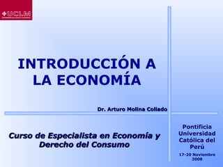 INTRODUCCIÓN A
    LA ECONOMÍA
                    Dr. Arturo Molina Collado


                                                 Pontificia
Curso de Especialista en Economía y             Universidad
                                                Católica del
       Derecho del Consumo                         Perú
                                                17-20 Noviembre
                                                     2008
 