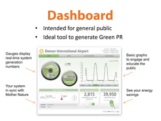 • Intended for general public
                   • Ideal tool to generate Green PR

Gauges display                                         Basic graphs
real-time system                                       to engage and
generation                                             educate the
numbers                                                public




Your system
in sync with                                           See your energy
Mother Nature                                          savings
 