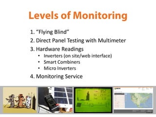1. “Flying Blind”
2. Direct Panel Testing with Multimeter
3. Hardware Readings
   • Inverters (on site/web interface)
   • Smart Combiners
   • Micro Inverters
4. Monitoring Service
 