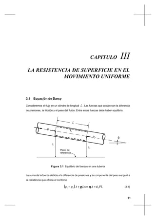 91
La resistencia de superficie en el movimiento uniformeCapítulo III
3.1 Ecuación de Darcy
Consideremos el flujo en un cilindro de longitud L . Las fuerzas que actúan son la diferencia
de presiones, la fricción y el peso del fluido. Entre estas fuerzas debe haber equilibrio.
La suma de la fuerza debida a la diferencia de presiones y la componente del peso es igual a
la resistencia que ofrece el contorno
( ) PLALApp 021 sen τθγ =+− (3-1)
CAPITULO III
LA RESISTENCIA DE SUPERFICIE EN EL
MOVIMIENTO UNIFORME
Figura 3.1 Equilibrio de fuerzas en una tubería
p
2
2z
p1
1z
L
θ
Plano de
referencia
τo
 