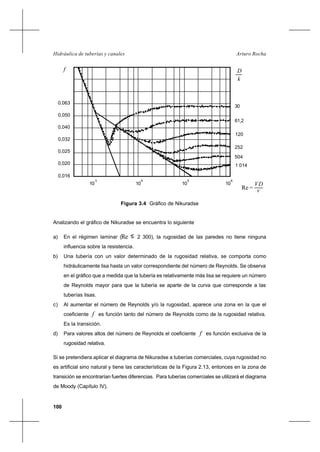 100
Arturo RochaHidráulica de tuberías y canales
Analizando el gráfico de Nikuradse se encuentra lo siguiente
a) En el régimen laminar (Re ≤ 2 300), la rugosidad de las paredes no tiene ninguna
influencia sobre la resistencia.
b) Una tubería con un valor determinado de la rugosidad relativa, se comporta como
hidráulicamente lisa hasta un valor correspondiente del número de Reynolds. Se observa
en el gráfico que a medida que la tubería es relativamente más lisa se requiere un número
de Reynolds mayor para que la tubería se aparte de la curva que corresponde a las
tuberías lisas.
c) Al aumentar el número de Reynolds y/o la rugosidad, aparece una zona en la que el
coeficiente f es función tanto del número de Reynolds como de la rugosidad relativa.
Es la transición.
d) Para valores altos del número de Reynolds el coeficiente f es función exclusiva de la
rugosidad relativa.
Si se pretendiera aplicar el diagrama de Nikuradse a tuberías comerciales, cuya rugosidad no
es artificial sino natural y tiene las características de la Figura 2.13, entonces en la zona de
transición se encontrarían fuertes diferencias. Para tuberías comerciales se utilizará el diagrama
de Moody (Capítulo IV).
Figura 3.4 Gráfico de Nikuradse
10
3
10
4
10
5
v
VD
k
D
Re =
10
6
0,016
0,020
0,025
0,032
0,040
0,050
0,063
f
30
61,2
120
252
504
1 014
 